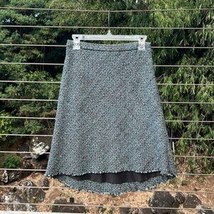 Banana Republic Tweed Mini Skirt: Teal, woven texture, lined in black, hi-lo hem